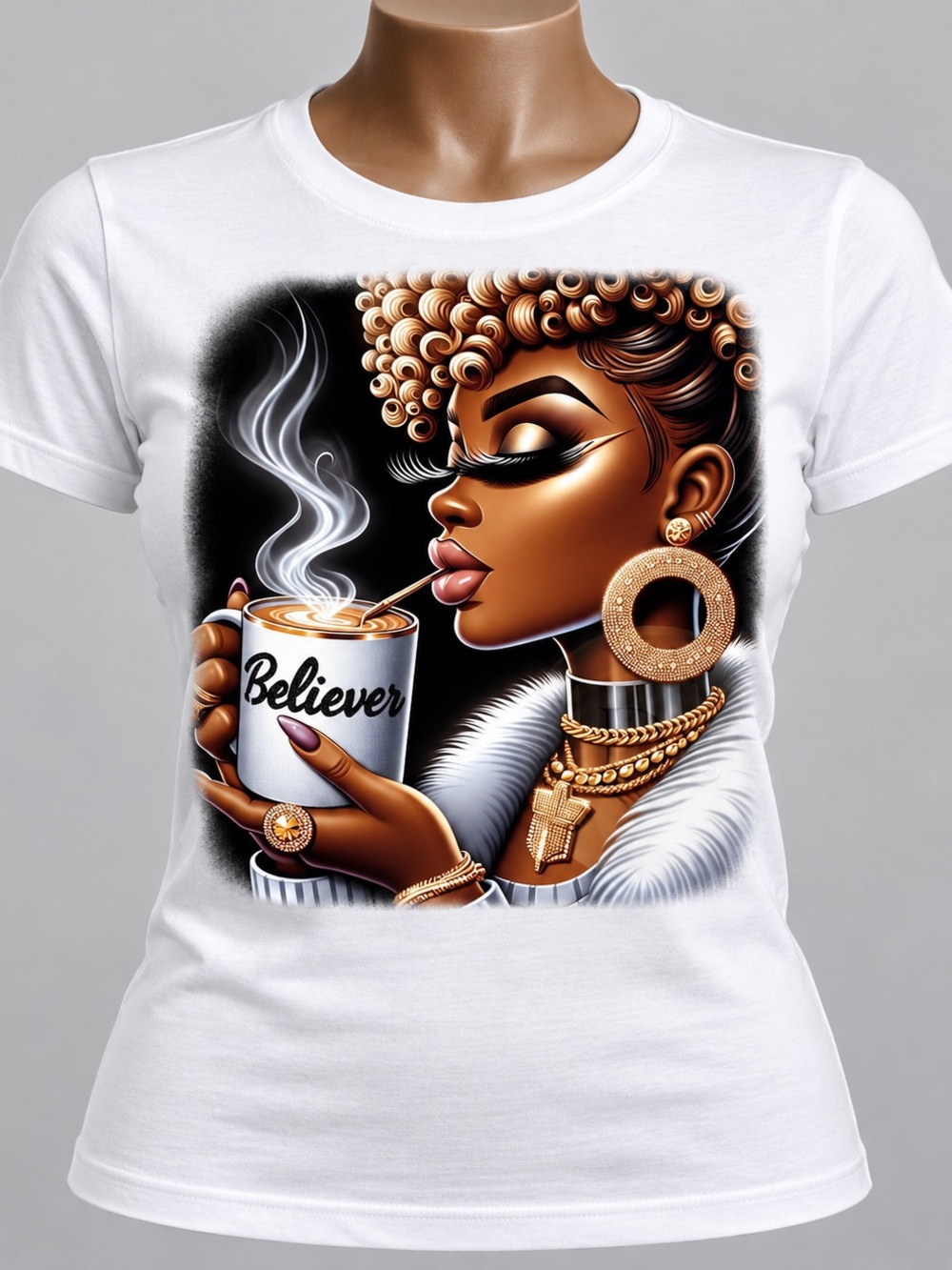 Believer Graphic White Crewneck Tee - Women's Stylish Coffee Art Top